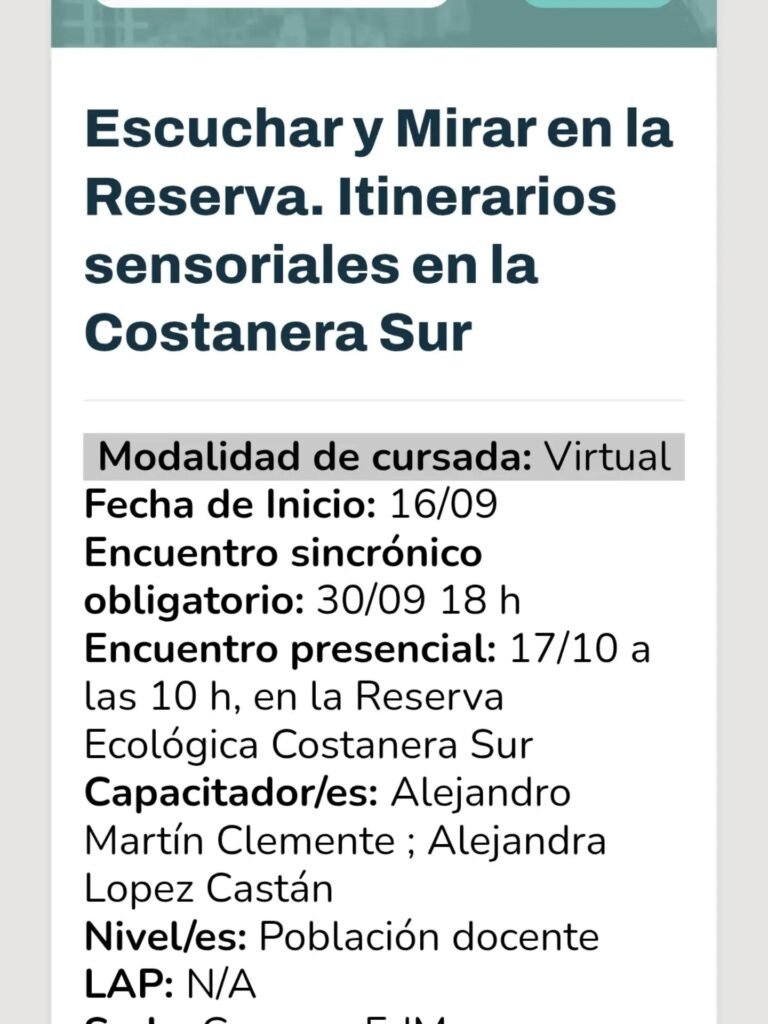 Capacitación docente: “Escuchar y Mirar en la Reserva. Itinerarios sensoriales en la Costanera Sur”